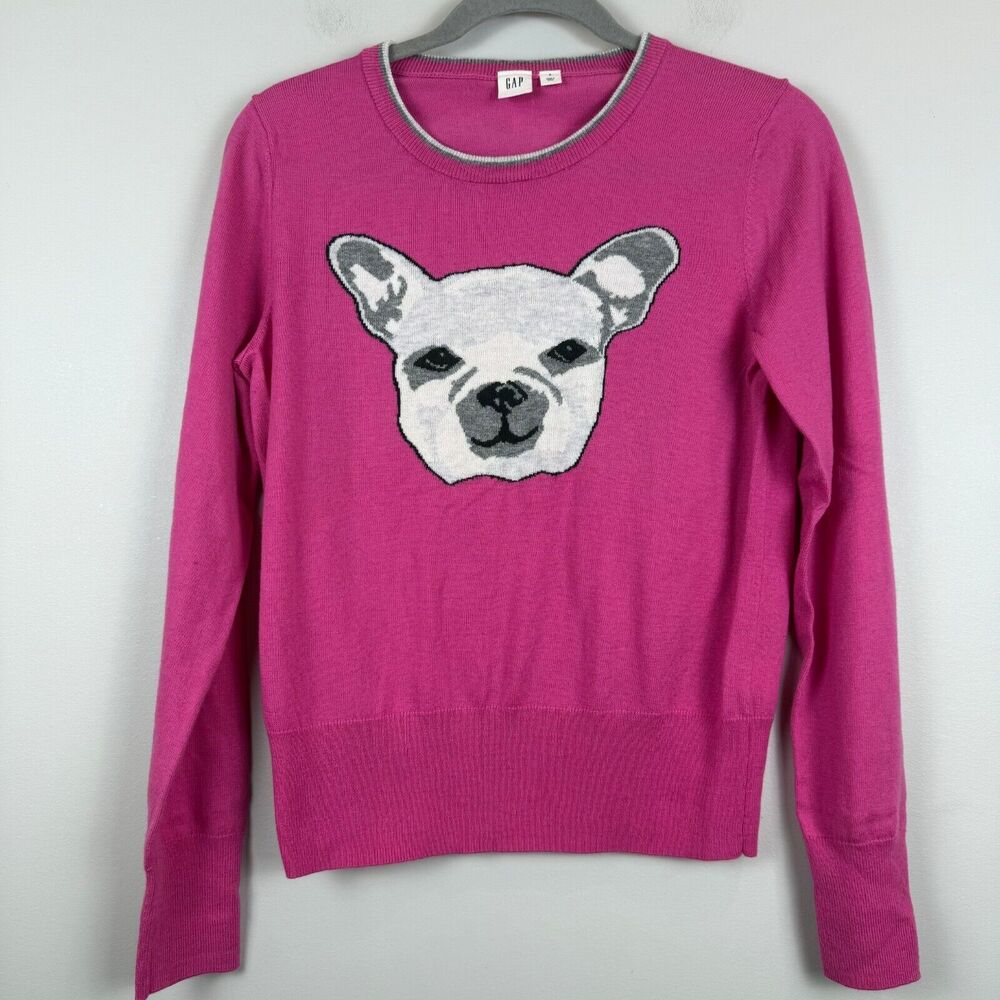 Gap Sweater Women's Small Pink Frenchie Bulldog Merino Wool Blend Cozy Preppy